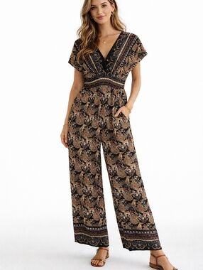 BOHO PRINTED WIDE LEG JUMPSUIT BLACK PAISLEY V-NECK ROMPER
